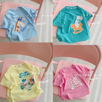 2023 Uus Summer Baby Tüdrukud Candy Värvi T-Särgid Lapsed O Kaela Lühikesed Varrukad Puuvillased Topid Cartoon Prindi Laste T-Särk Hulgimüük