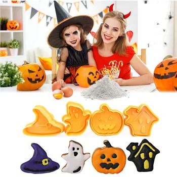 4tk Halloween Cookie Cutters Plastikust Kõrvits Vaimu Teema Fondant Lõikur Šokolaadi Hallitus Kook Dekoreerimiseks Köök Tööriistad Baking Set