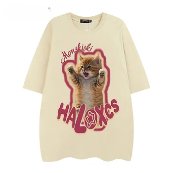 Ameerika retro trend cool cat graafiline print T-särk lahtine paigaldamine meeste ja naiste vabaaja suvel paari lühikese varrukaga, kanna top harajuku