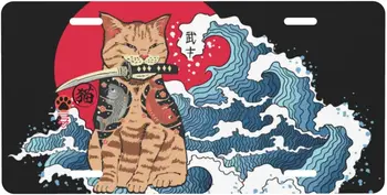 Anime Samurai Kass Punane Päike Ookeani Laine Alumiinium Dekoratiivne numbrimärk Auto Esi numbrimärk Katke 4 Auku Auto Tag