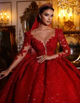 Araabia Luksus Punane Pits Pulm Kleit Pikkade Varrukatega Sädelevat Peep Varba Kingad Naistele Abielu Dubai Pruudi Kleit 2024 Vestido De Novia