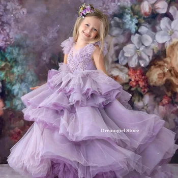 Dreamgirl Purple Ruffles Flower Girl Kleidid Lapsed Astmeline Pulmapidu Kleit V-Kaeluse Printsess Kleit Varrukateta Kleit Võistlused