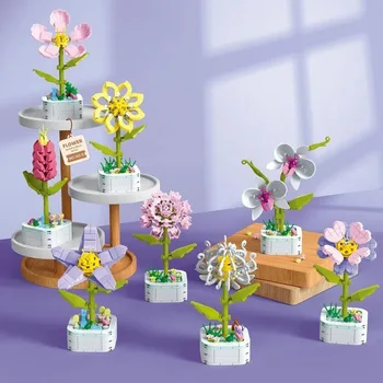 Ehitusplokk DIY Päevalille Kimp Kit Igavene Orhidee Õied Blokeerida Mänguasja Komplekt Rose Pottidesse Tellised Assamblee Lapsed Kingitused Home Decor