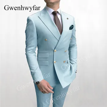Gwenhwyfar Taevas Sinine Meeste Ülikonnad Topelt Karavan 2020 Hiljemalt Disaini Kuld Nuppu Peigmees Pulmas Tuxedos Parim Kostüüm Homme 2 Tükki