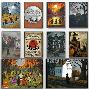 Halloween Seina Art Lõuend Nõid Must Kass Magic Öökull Moon Pildid ja Plakatid Pilte Decor Kanga Maalimine elutuba Kodu
