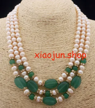 Hulgi-100% Looduslikud ehted Looduslikest 3 rida 7-8mm kultiveeritud valge ja Emerald pearl kaelakee (A0511)