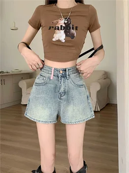 Korea Stiilis Kõrge Vöökoht Tikandid Lühikesed Teksad, Suvel Kuum Tüdruk lühikesed Püksid Naiste Zevity Naiste Vintage Denim Y2k Streetwear Püksid
