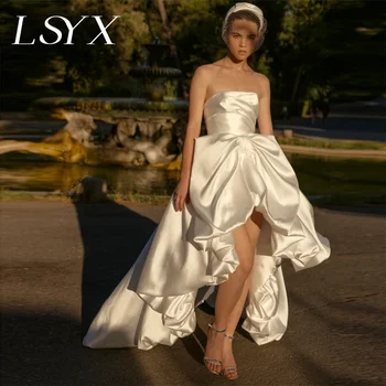 LSYX-Line Olkaimeton Varrukateta Satiinist Ruched Valge Pulm Kleit Naistele High-Low Tõmblukk Pühkima Rongi Pruudi Kleit Custom Made
