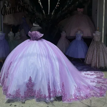 Lilla Kullake Pall Kleit Quinceanera Kleidi Jaoks Tüdrukud Beaded Sünnipäeva Hommikumantlid Prom Kleidid 3D Lilled Vestido De 15 Anos