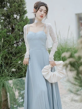 Prantsuse Elegantne Stiil Kahe-Osaline Komplekt Naistele, Valge Pits Välimine Särk+Elegantne Sinine Rihm Kleit Sobiks Vabaaja Mood Suvel Varustus