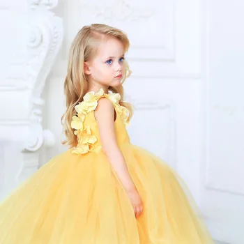 Printsess Kollane Pundunud Lilleneiu Kleit Pulm Kids Sünnipäeva Läikiv Applique Võistlused Esimene Õhtusöömaaeg Kleit Pall Hommikumantlid