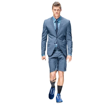 Sinine Meeste Ülikond Smoking Suvel Täkiline Rinnamikrofon Pintsak Lühikesed Püksid Custom Made Mood Catwalk Slim Fit 2 Töö Vabaaja Mees Komplekt