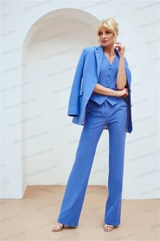 Sinine Naiste Kostüümid Püksid Komplekt 3 Tk Bleiser+Vest+Püksid Ametlik Office Lady Jope Custom Made Mood Tanssiaiset Kleit Pulm Mantel