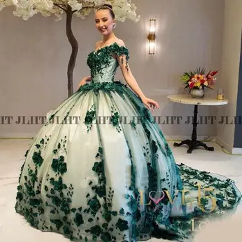 Smaragdroheline 3D Lilled Pall Kleit Quinceanera Kleidid Maha Õla Õie Appliques Korsett Magus 15 Tüdrukute Poole