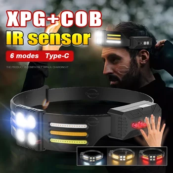 Super Ere XPG+COB LED Vilkur Suure Võimsusega Valgustid IR Sensor Pea Lamp USB Laetav Esilaterna Peaga Paigaldatud Telkimine Tuled