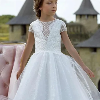 Valge Kohev Lilleneiu Kleit Tülli Pits Pulm Elegantne Printsess Esimene Õhtusöömaaeg Sünnipäeva Kleit Tüdruk Kingitus