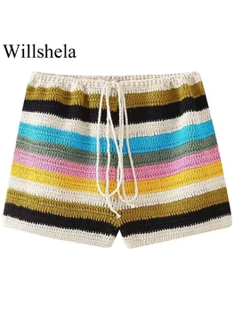 Willshela Naiste Mood Triibuline Lace Up Silmkoelised Mini Lühikesed Püksid Vintage Kõrge Elastne Vöökoht Stiilne Naiste Lady Püksid