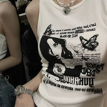 Y2k Seksikas Tank Topid Naistele Grunge Prindi ilma Varrukateta Koo Vest Streetwear Esteetiline Riided Naiste Crop Top Tüdrukud 2000. aastatel