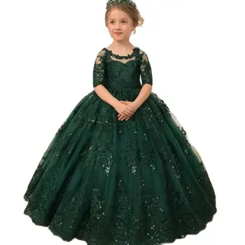 merald Roheline Pits Tülli Poole Varruka Flower Girl Kleidid Appliues Tagasi Suur Vibu Ehitud Kleit Lapsed Lepinguosalise Kleit